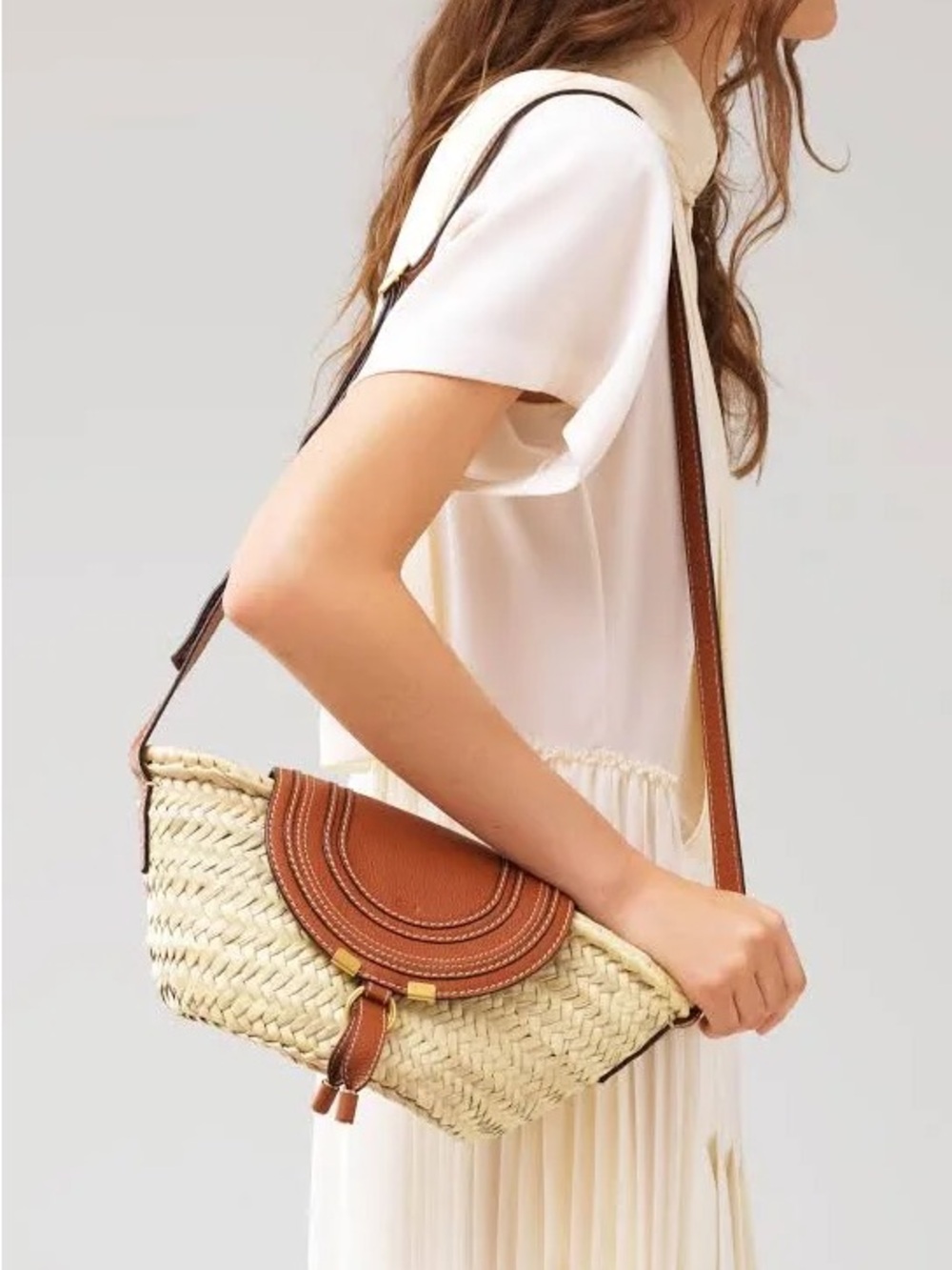 Chloe Raffia Marcie Crossbody | Authentic | Straw bag with Brown Leather Flap